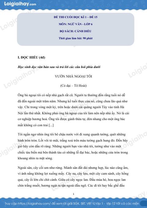 Đề thi học kì 1 Văn 6 Chân trời sáng tạo - Đề số 15